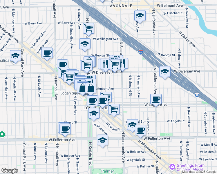 map of restaurants, bars, coffee shops, grocery stores, and more near 2724 North Albany Avenue in Chicago