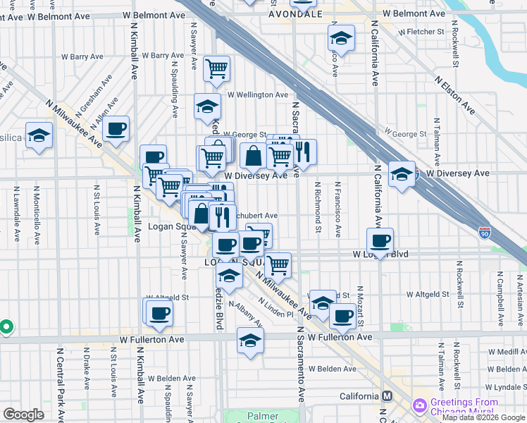map of restaurants, bars, coffee shops, grocery stores, and more near 2724 North Albany Avenue in Chicago