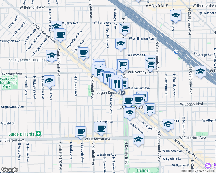 map of restaurants, bars, coffee shops, grocery stores, and more near 2716 North Sawyer Avenue in Chicago