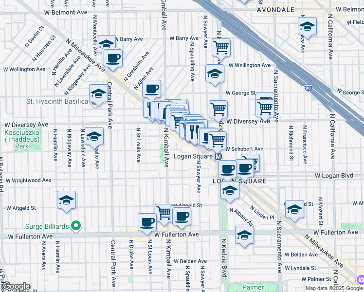 map of restaurants, bars, coffee shops, grocery stores, and more near 2746 North Milwaukee Avenue in Chicago