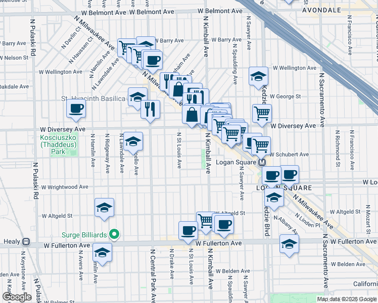 map of restaurants, bars, coffee shops, grocery stores, and more near 3439 West Parker Avenue in Chicago