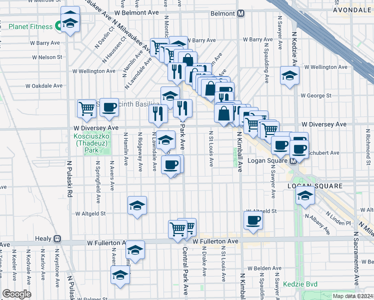 map of restaurants, bars, coffee shops, grocery stores, and more near 2729 North Central Park Avenue in Chicago