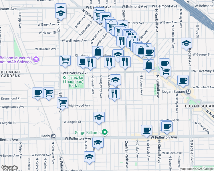 map of restaurants, bars, coffee shops, grocery stores, and more near 2730 North Lawndale Avenue in Chicago