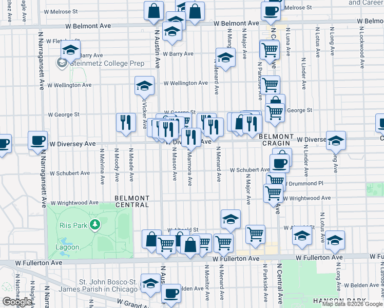map of restaurants, bars, coffee shops, grocery stores, and more near 2733 North Marmora Avenue in Chicago