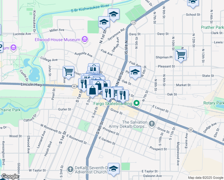 map of restaurants, bars, coffee shops, grocery stores, and more near 194 North 3rd Street in DeKalb
