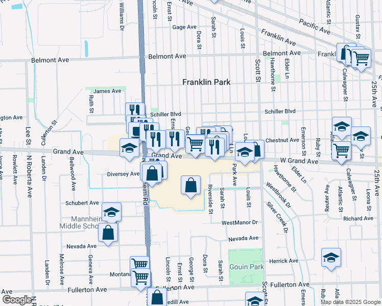 map of restaurants, bars, coffee shops, grocery stores, and more near 10209 Chestnut Avenue in Franklin Park