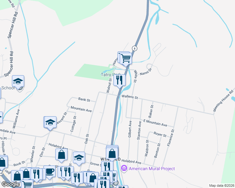 map of restaurants, bars, coffee shops, grocery stores, and more near 289 North Main Street in Winsted