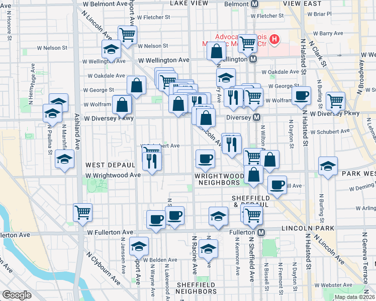 map of restaurants, bars, coffee shops, grocery stores, and more near 2707b North Racine Avenue in Chicago