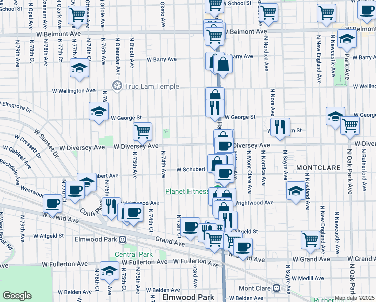 map of restaurants, bars, coffee shops, grocery stores, and more near 2801 North 73rd Court in Elmwood Park