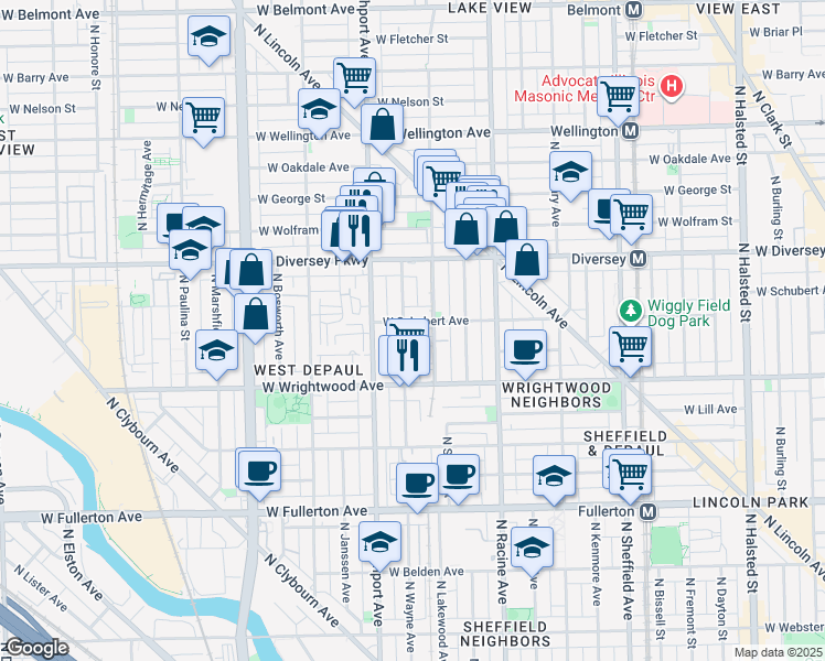 map of restaurants, bars, coffee shops, grocery stores, and more near 1304 West Schubert Avenue in Chicago