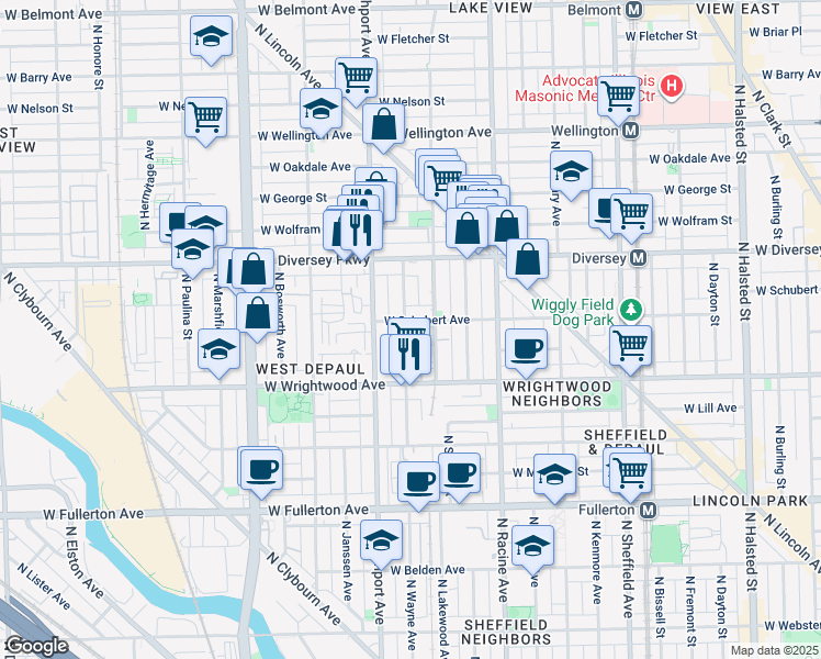 map of restaurants, bars, coffee shops, grocery stores, and more near 1304 West Schubert Avenue in Chicago