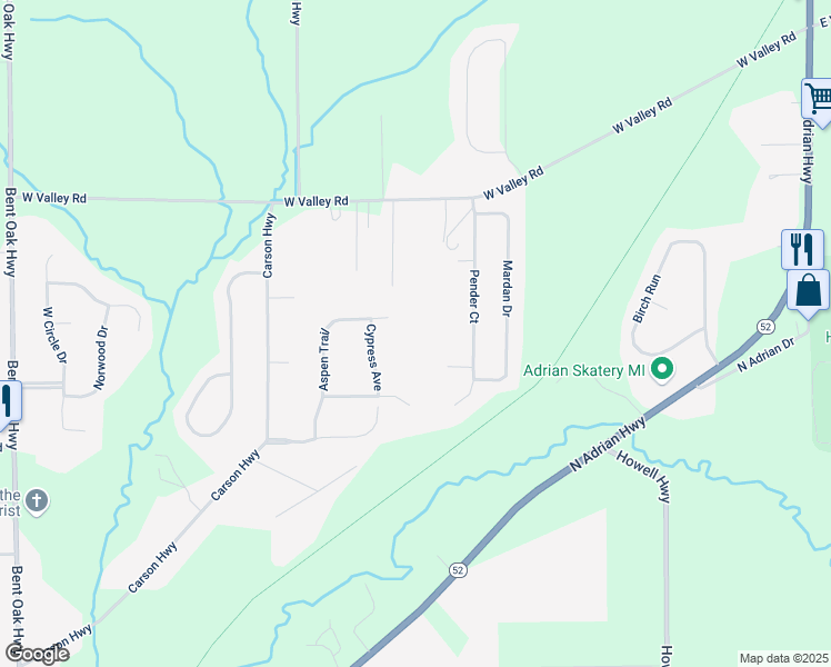 map of restaurants, bars, coffee shops, grocery stores, and more near 3288 Aspen Trail in Adrian
