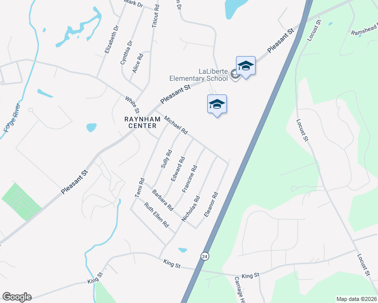 map of restaurants, bars, coffee shops, grocery stores, and more near 121 Michael Road in Raynham