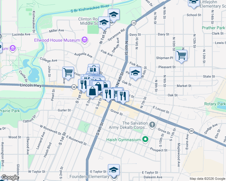 map of restaurants, bars, coffee shops, grocery stores, and more near 194 North 3rd Street in DeKalb