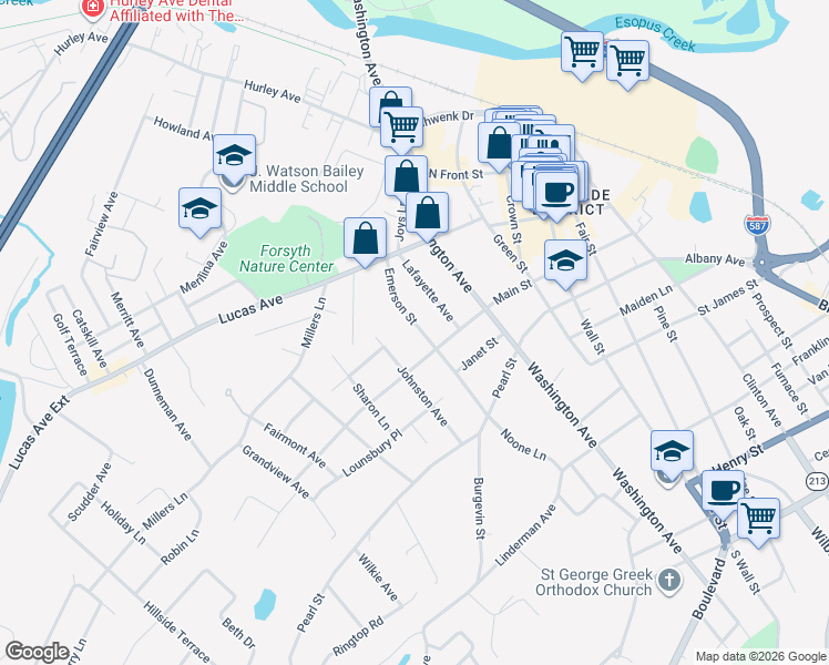 map of restaurants, bars, coffee shops, grocery stores, and more near 100 Emerson Street in Kingston