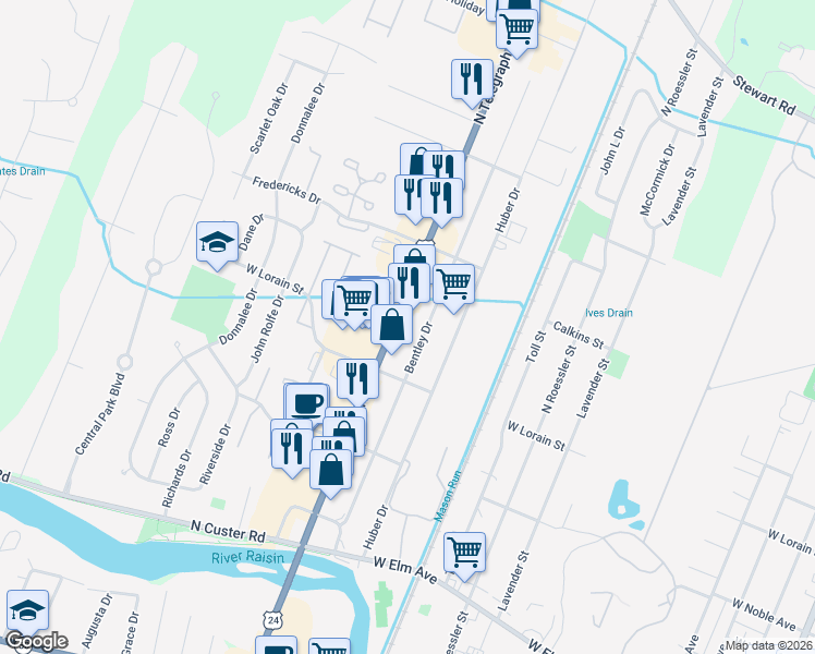 map of restaurants, bars, coffee shops, grocery stores, and more near 610 North Telegraph Road in Monroe