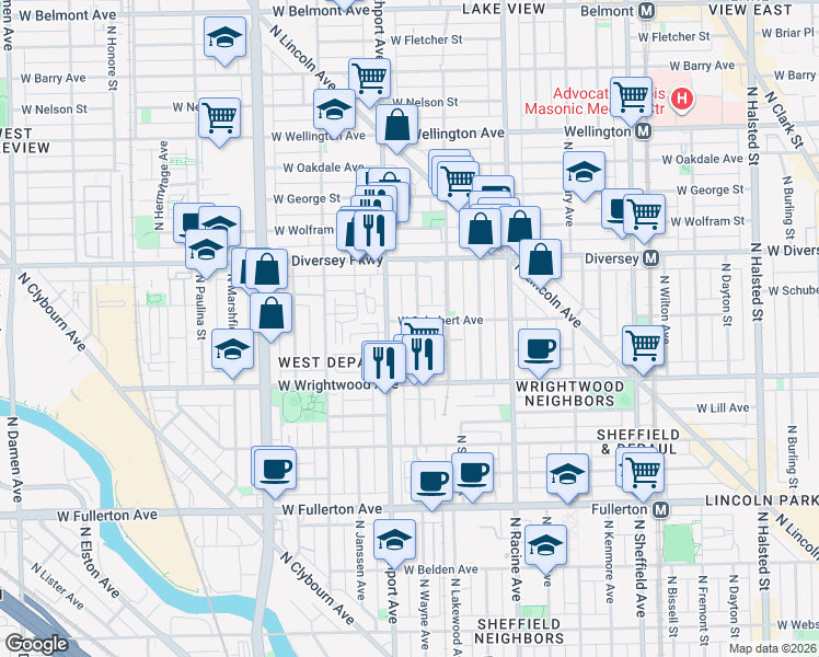 map of restaurants, bars, coffee shops, grocery stores, and more near 2709 North Southport Avenue in Chicago