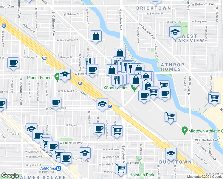 map of restaurants, bars, coffee shops, grocery stores, and more near 2721 North Campbell Avenue in Chicago