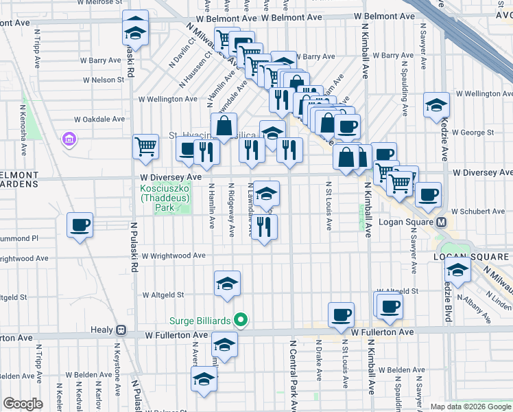 map of restaurants, bars, coffee shops, grocery stores, and more near 2728 North Monticello Avenue in Chicago