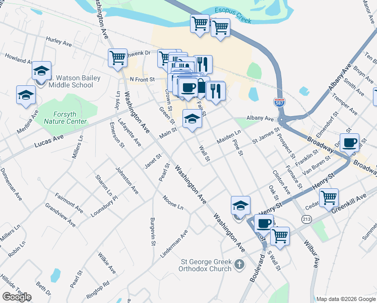 map of restaurants, bars, coffee shops, grocery stores, and more near 231 Wall Street in Kingston