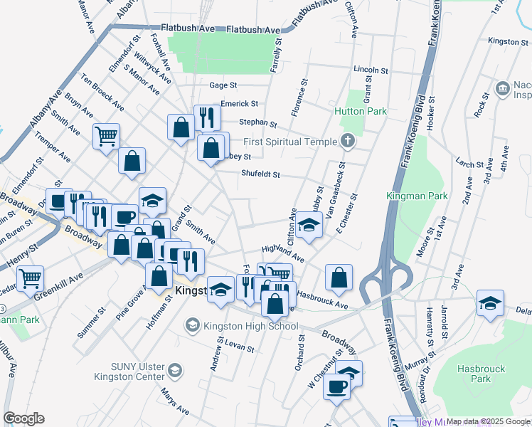 map of restaurants, bars, coffee shops, grocery stores, and more near 21 Wynkoop Place in Kingston