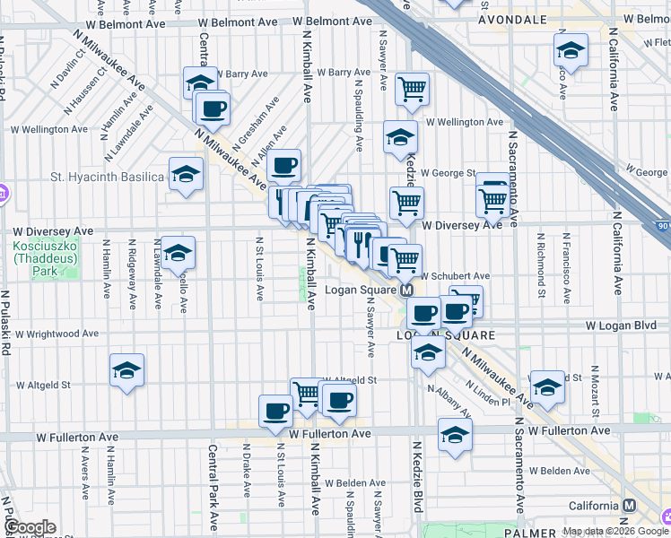 map of restaurants, bars, coffee shops, grocery stores, and more near 2706 North Spaulding Avenue in Chicago