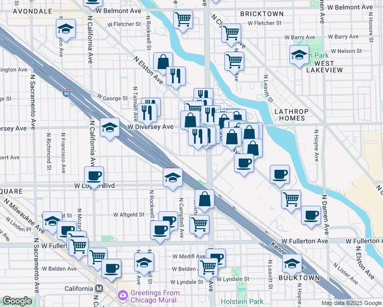 map of restaurants, bars, coffee shops, grocery stores, and more near 2721 North Campbell Avenue in Chicago
