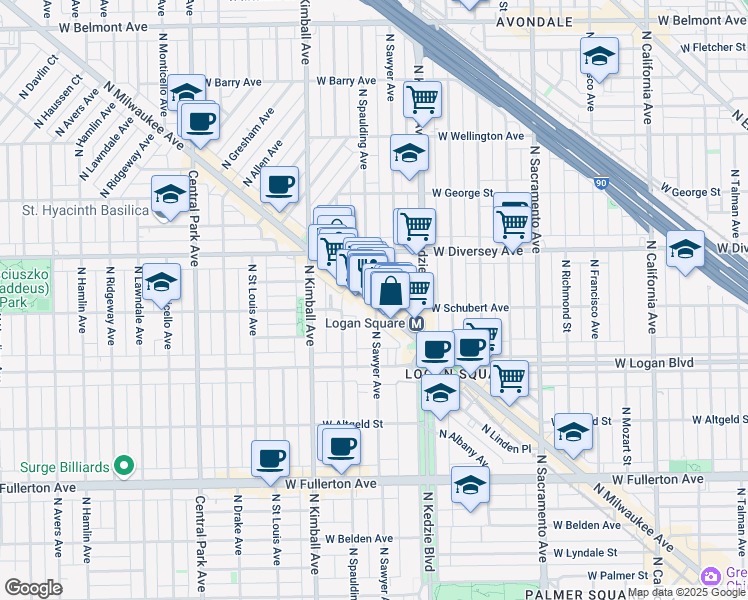map of restaurants, bars, coffee shops, grocery stores, and more near 2716 North Sawyer Avenue in Chicago