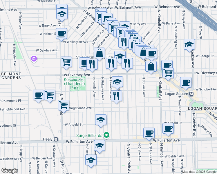 map of restaurants, bars, coffee shops, grocery stores, and more near 2730 North Lawndale Avenue in Chicago