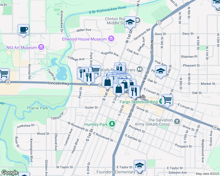 map of restaurants, bars, coffee shops, grocery stores, and more near in DeKalb
