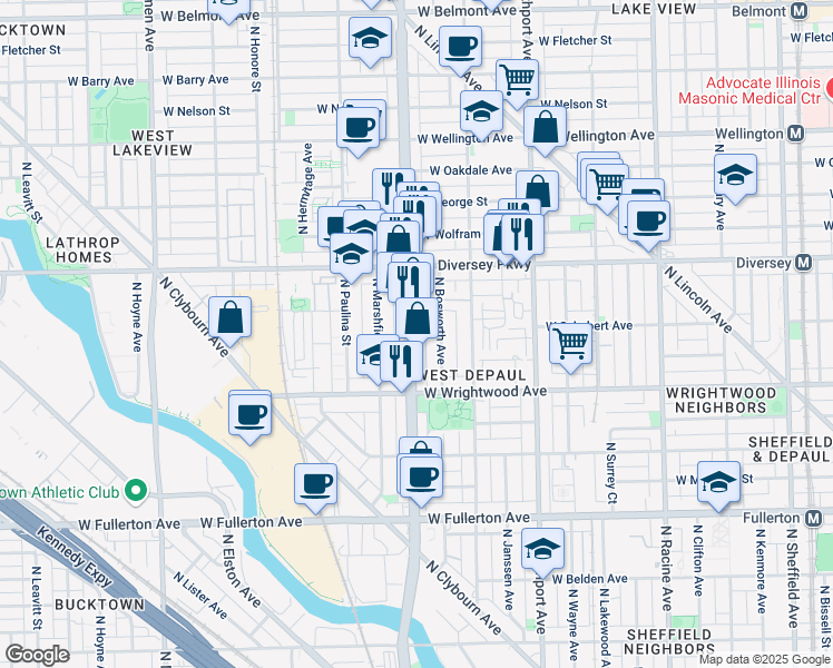 map of restaurants, bars, coffee shops, grocery stores, and more near in Chicago