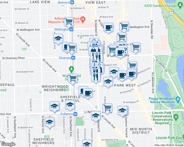 map of restaurants, bars, coffee shops, grocery stores, and more near 2647 North Dayton Street in Chicago