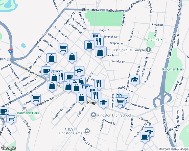 map of restaurants, bars, coffee shops, grocery stores, and more near 2 Arlington Place in Kingston