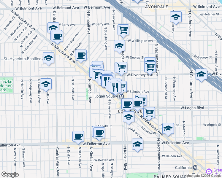 map of restaurants, bars, coffee shops, grocery stores, and more near 2716 North Sawyer Avenue in Chicago