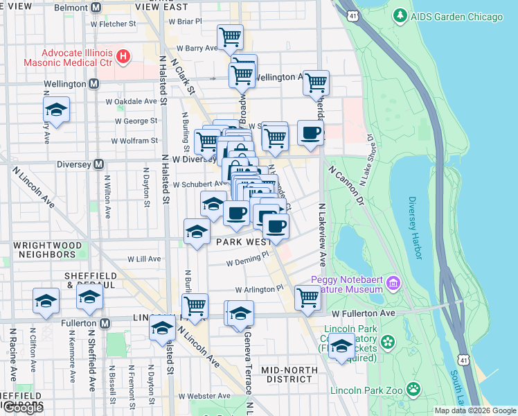map of restaurants, bars, coffee shops, grocery stores, and more near 2625 North Clark Street in Chicago
