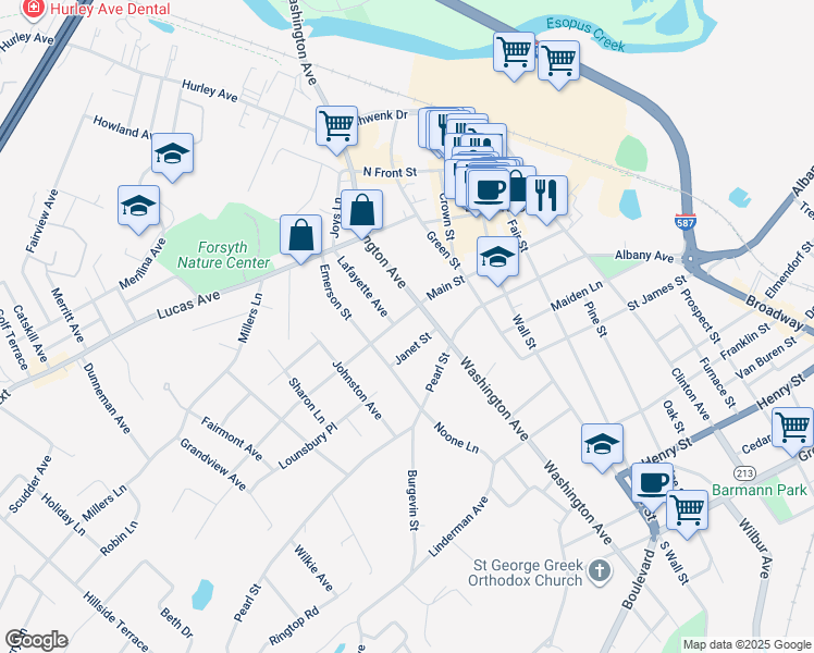 map of restaurants, bars, coffee shops, grocery stores, and more near 146 Main Street in Kingston