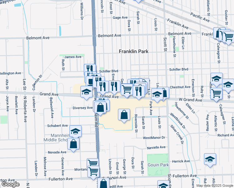 map of restaurants, bars, coffee shops, grocery stores, and more near 10272 West Grand Avenue in Franklin Park