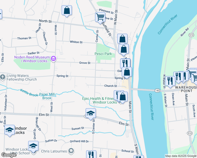 map of restaurants, bars, coffee shops, grocery stores, and more near 71 Spring Street in Windsor Locks