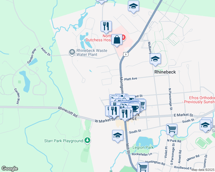 map of restaurants, bars, coffee shops, grocery stores, and more near 1 Village Green in Rhinebeck