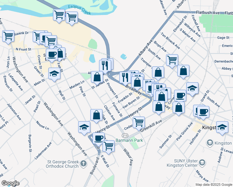 map of restaurants, bars, coffee shops, grocery stores, and more near 721 Broadway in Kingston