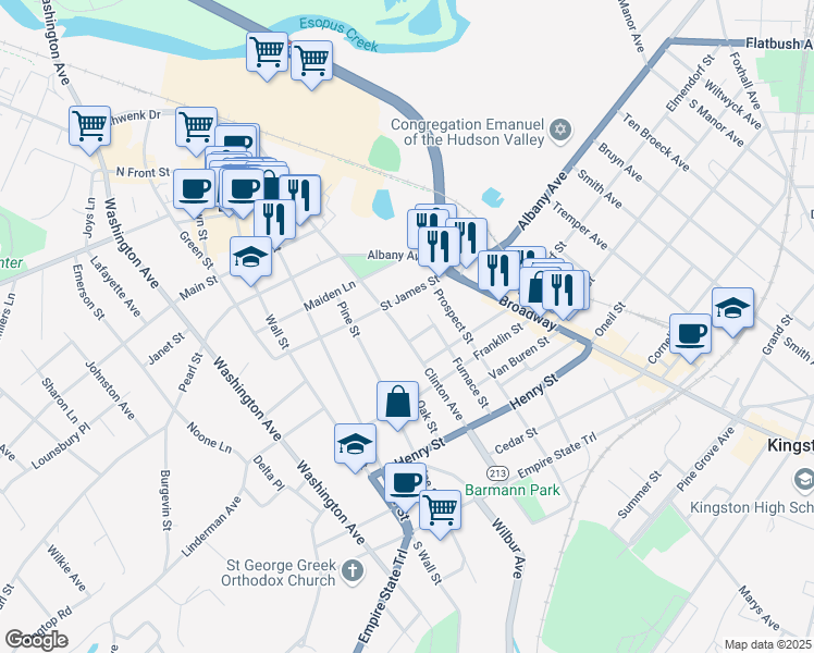 map of restaurants, bars, coffee shops, grocery stores, and more near 52 Saint James Street in Kingston