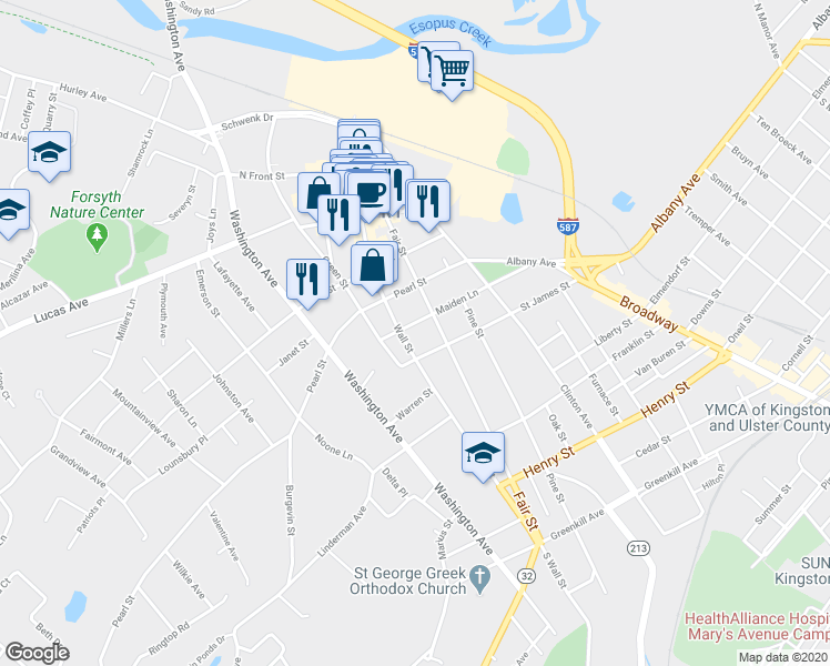 map of restaurants, bars, coffee shops, grocery stores, and more near 203 Fair Street in Kingston