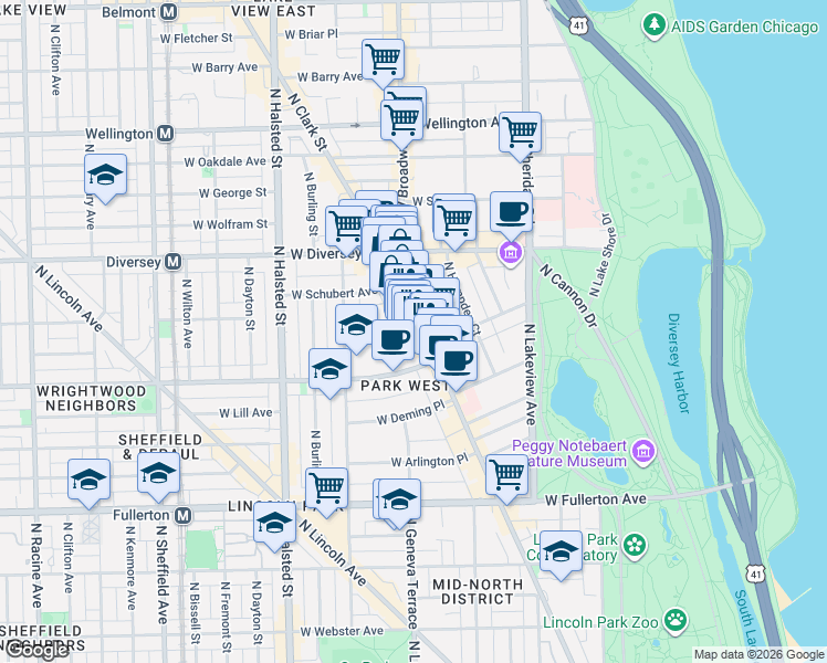 map of restaurants, bars, coffee shops, grocery stores, and more near 2649 North Clark Street in Chicago