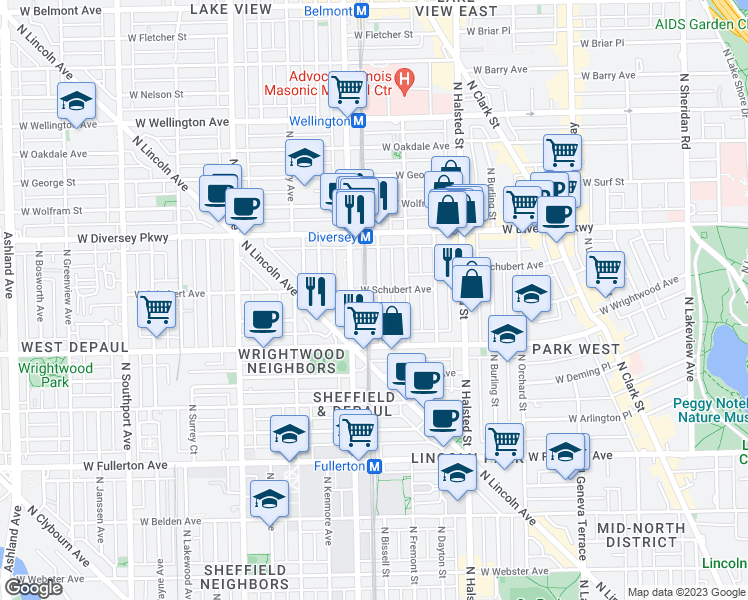map of restaurants, bars, coffee shops, grocery stores, and more near 2703 North Wilton Avenue in Chicago