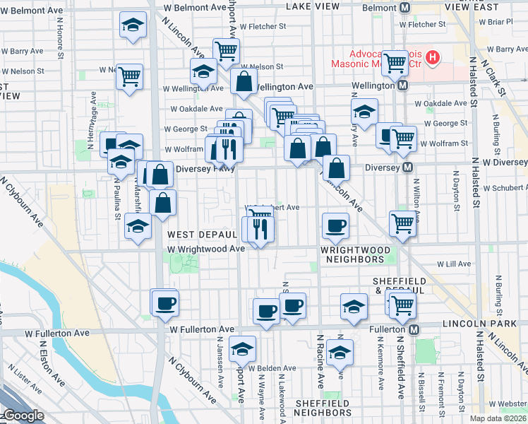 map of restaurants, bars, coffee shops, grocery stores, and more near 1304 West Schubert Avenue in Chicago
