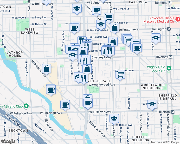 map of restaurants, bars, coffee shops, grocery stores, and more near in Chicago