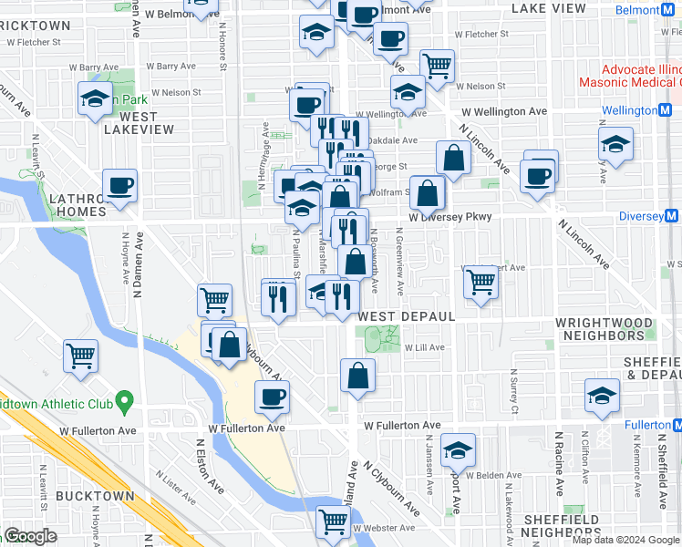 map of restaurants, bars, coffee shops, grocery stores, and more near 2713 North Marshfield Avenue in Chicago