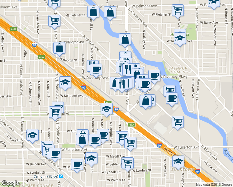 map of restaurants, bars, coffee shops, grocery stores, and more near 2721 North Campbell Avenue in Chicago