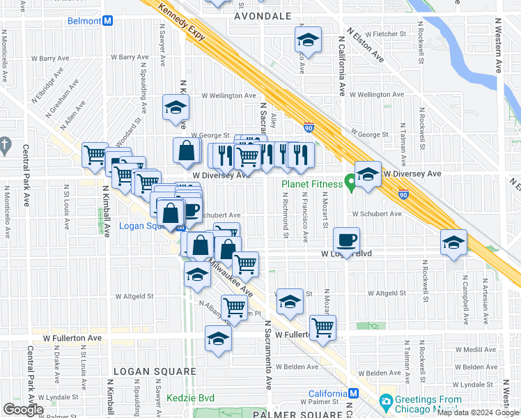 map of restaurants, bars, coffee shops, grocery stores, and more near 2725 North Whipple Street in Chicago