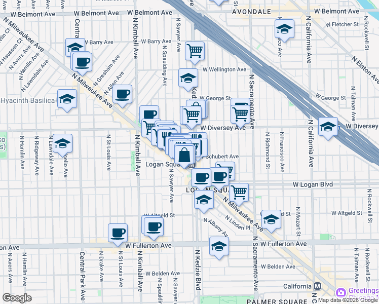 map of restaurants, bars, coffee shops, grocery stores, and more near 2629 North Emmett Street in Chicago